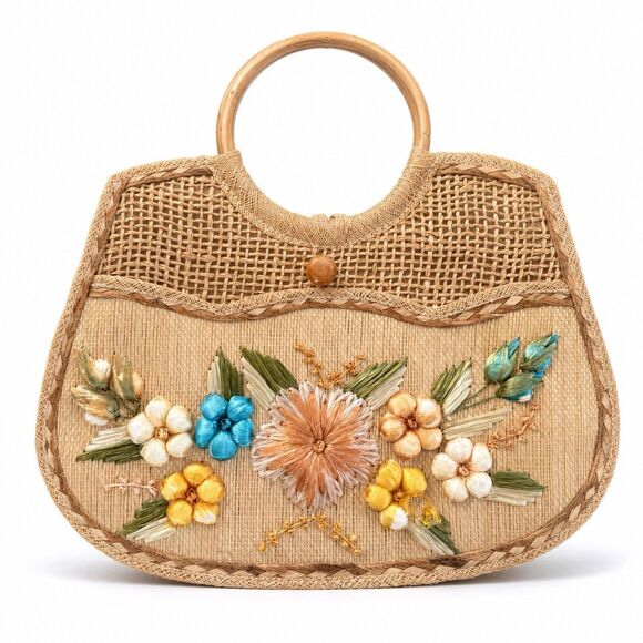 Unbranded Handbags - Floral Embroidered Woven Straw Handbag Wooden Handles Boho Cottagecore